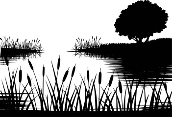 Black silhouette of cattails and a tree reflected in rippling water against a white background © Saif
