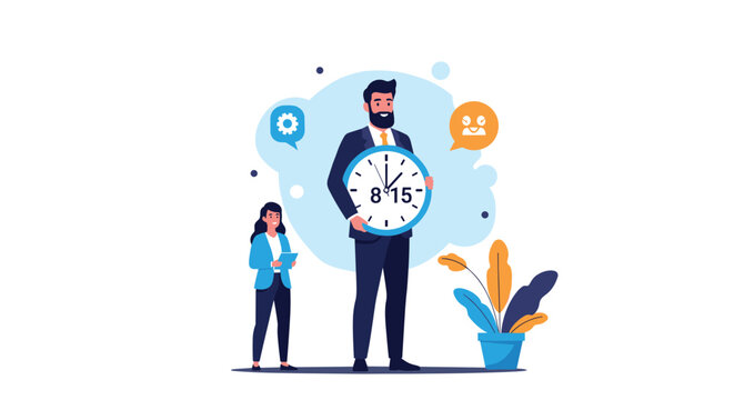 Conceptual illustration of a large man holding a big clock while a woman stands nearby representing time management and scheduling tasks.