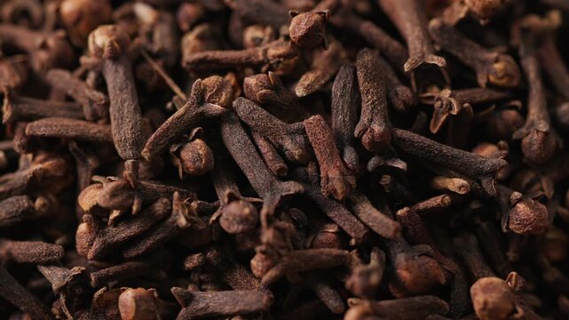 Loose dried cloves with distinctive bud-like shapes and deep brown color. Rotating motion enhances texture and highlights their dual use as spice and herbal ingredient.