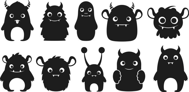 Cute monster silhouette vector collection with adorable little beast characters and friendly alien creatures for kids mascot design, 15 to 20 words.