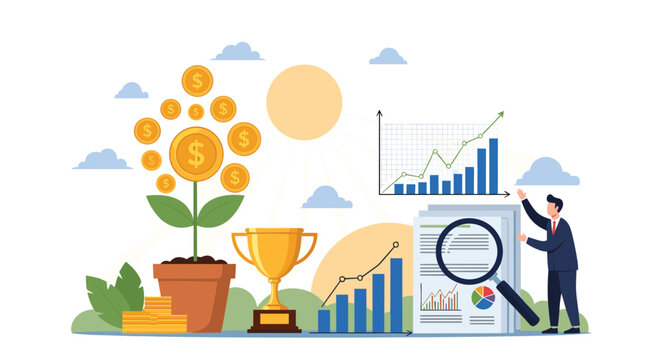 Financial investment and wealth growth concept with a money tree trophy charts and a man using a magnifying glass.