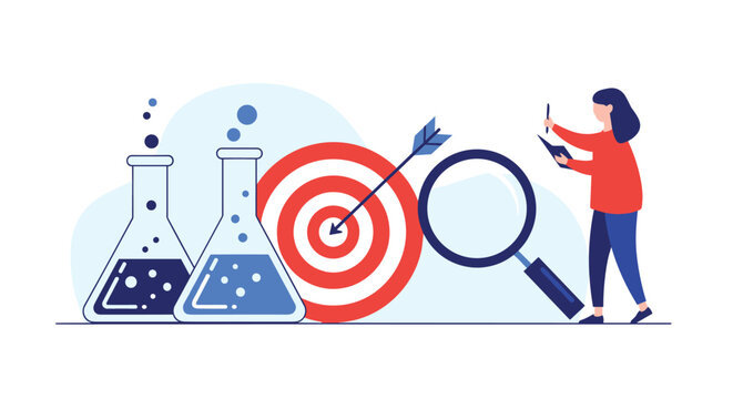Scientific research and laboratory discovery concept showing a woman with beakers magnifying glass and a target.
