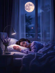 Fototapeta premium Young woman sleeping soundly in a cozy bed at night with a full moon visible through the window, soft bedroom lighting, cinematic atmosphere