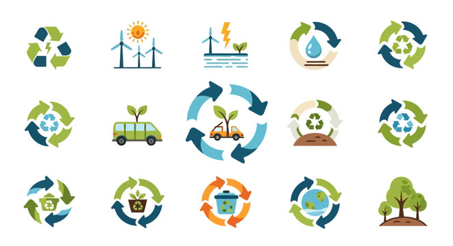 Eco-Friendly and Renewable Energy Icons Set: Recycling, Green Technology, and Environmental Protection