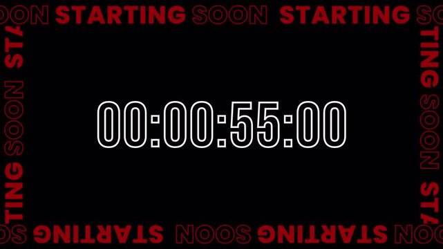 Starting Soon Countdown Timer with Scrolling Red Text on Black Background for Live Streaming 4k video animation seamless loop