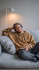 Obraz premium Young male gamer relaxing on couch, wearing headphones and playing video game with handheld controller