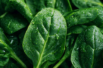 Fototapeta premium Fresh Green Spinach Leaves with Water Droplets Close Up.
