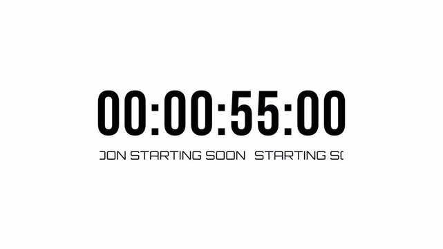 Starting Soon Digital Countdown Timer with One Minute Clock and Scrolling Text Animation on White Background 4k video animation seamless loop