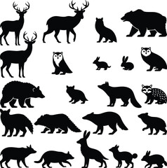 Fototapeta premium Forest animals silhouettes collection with wild mammals, deer, bear, fox, wolf, rabbit and owl, nature wildlife set isolated on white background for design