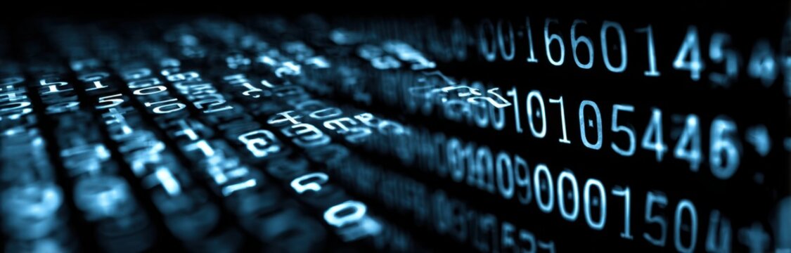 Digital binary code consisting of blue glowing numbers and symbols on a dark background, representing information technology and data processing