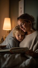 Fototapeta premium Mother reading a picture book to her child in a cozy bedroom, illuminated by warm lamp light, creating a nurturing and intimate storytelling atmosphere