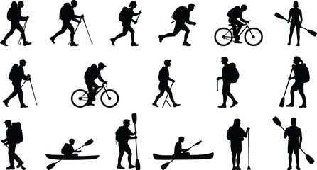 Fototapeta premium Collection of outdoor adventure silhouettes including hiking, trekking, cycling, and kayaking, representing travel, exploration, sport, and active lifestyle concept, isolated on white background