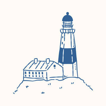 Minimalist blue line art sketch of the iconic Hamptons Lighthouse and cottage.