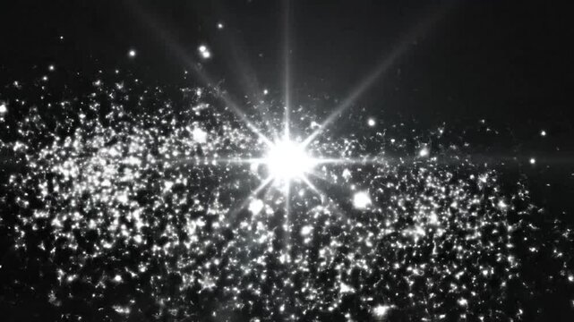 Radiant white sparkle flash animation featuring a glowing star burst effect against a deep black dark background, cinematic high-resolution visual for motion graphics design.