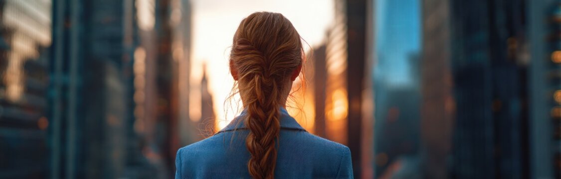 Cinematic still of a tall woman with vibrant red hair styled in long braid, wearing a textured blue blazer, standing in an urban cityscape at sunset