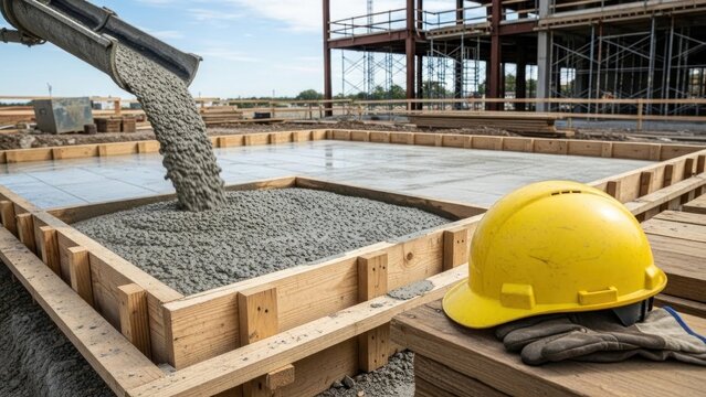 A yellow hard hat and gloves sit beside a wooden form filled with wet concrete being poured from a chute on a construction site