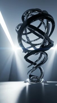 Abstract metallic sculpture with swirling interlocking rings and spirals, dramatic lighting, futuristic motion graphics, science and technology