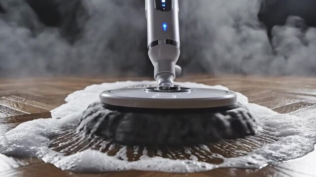 Parquet Floor Steam Mop Restores Finish With Hot Vapor And Thick Foam, Wood Grain Lifts Grime And Reveals Deep Polish Warm Studio Light Accentuates Texture And Glossy Pattern During Restoration.