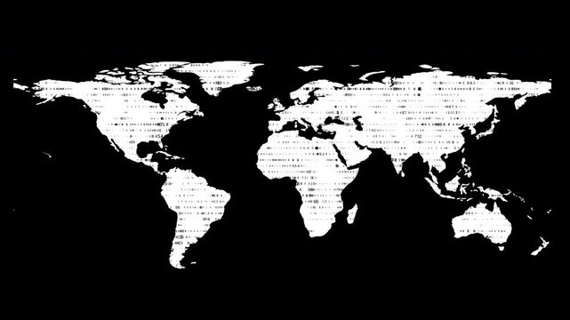 Set of 4 seamless loopable world map animations with flowing hexadecimal code inside continents creating a dynamic data stream around the world, alpha channel BG, perfect for tech, science overlays