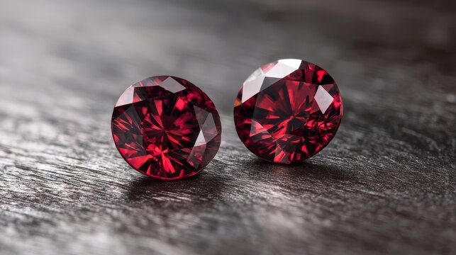 Two perfectly round, deep red garnet gemstones with brilliant facets displayed on a dark textured surface