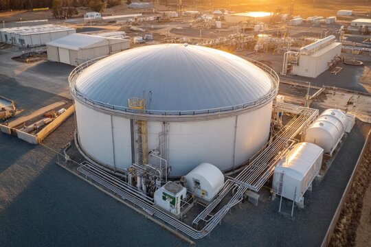 Large industrial digester with adjacent booster pump, showcasing complex piping and storage tanks in a modern facility, emphasizing energy production and management