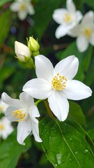 Obraz premium A close-up view of white flowers surrounded by lush greenery