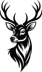 Fototapeta premium Deer head with large antlers black and white vector illustration for wildlife hunting forest nature majestic buck and powerful animal mascot design