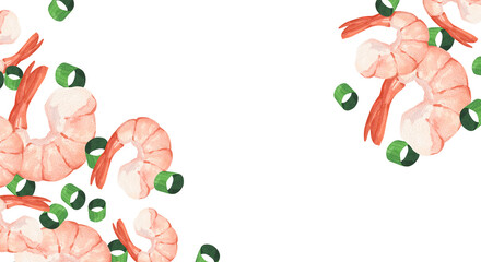 A watercolor frame with illustrations of boiled shrimp and green onion rings © Anna Bastron