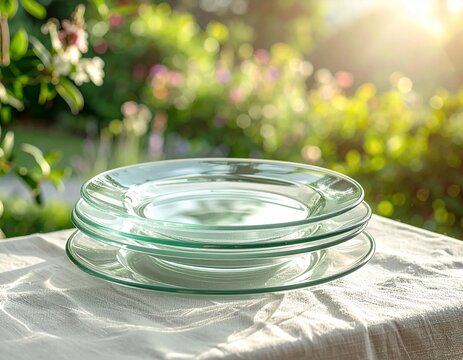 Stack of clear glass plates on a white tablecloth outdoors with a blurred green garden background and sunlight.