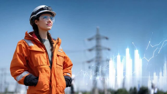 Empowering the Future: An engineer envisions a brighter tomorrow, her gaze fixed with determination, surrounded by industrial infrastructure. 