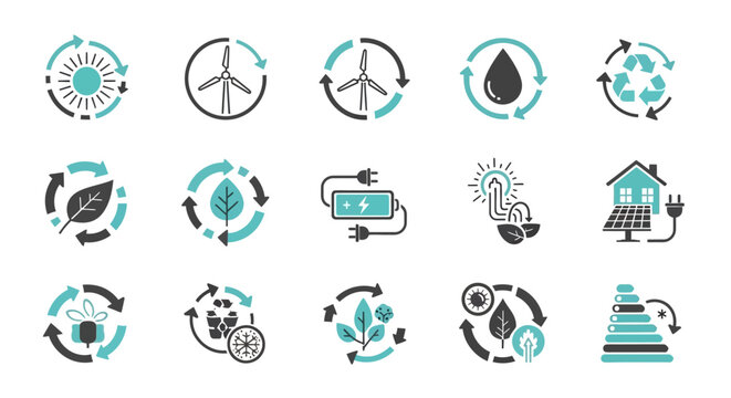 Renewable Energy and Sustainability Icons Set. Eco-Friendly Green Technology Symbols