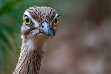 Naklejka premium Bush Stone Curlew Close Up Yellow Eyes Black Pupil Streaked Feathers Wildlife Nature Bird Photography
