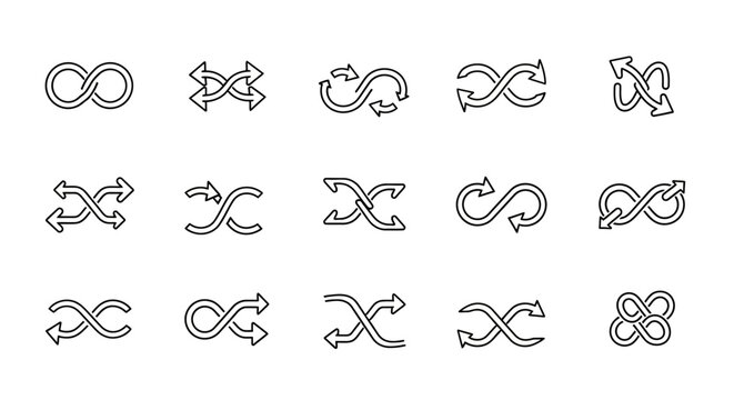 Set of Hand-Drawn Infinity and Shuffle Arrow Icons - Endless Loop and Repeat Symbols