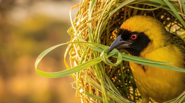 Vibrant Yellow Weaver Bird Weaving Intricate Nest from Grass in Nature