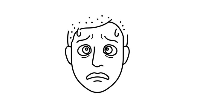 Man's Face Showing Fear and Anxiety, Sweating and Wide Eyes, Black and White Line Art