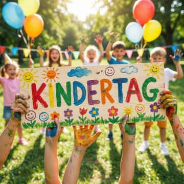 Children celebrating Kindertag with colorful sign and balloons