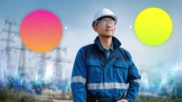Energy Visionary: An engineer in protective attire gazes towards the future of sustainable energy. Conceptual graphic circles frame the image, juxtaposing innovation and power