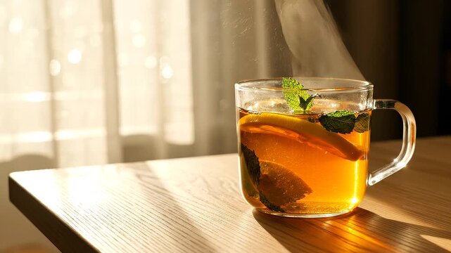 Steaming herbal mint tea with lemon on a minimalist wooden table in soft morning sunlight. Cinematic close-up with linen curtains, dancing shadows, shallow depth of field, and a calm, airy atmosphere
