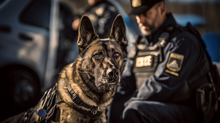portrait of a german shepherd police officer with a Belgian Shepherd