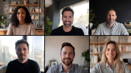 Group video call featuring diverse individuals on modern devices in a split screen layout, showcasing connection and collaboration in a digital workspace