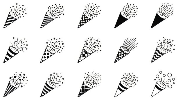 Collection of hand drawn black and white line art illustrations of party poppers exploding with confetti and streamers symbolizing celebration surprise and festive occasions