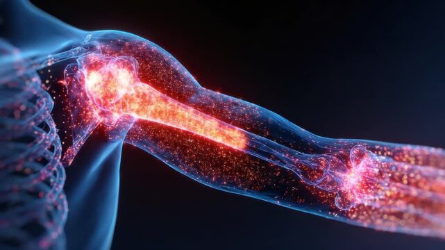 Human Anatomy: A striking, detailed visualization of the human arm bone, illustrating the intricate structure of the shoulder and arm.