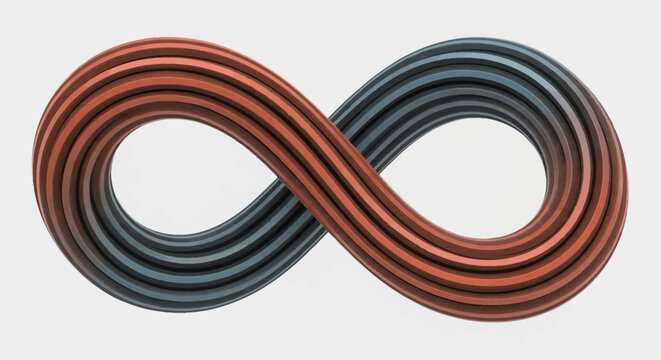 Abstract 3D Render of Intertwined Red and Blue Striped Infinity Symbol on Grey Background