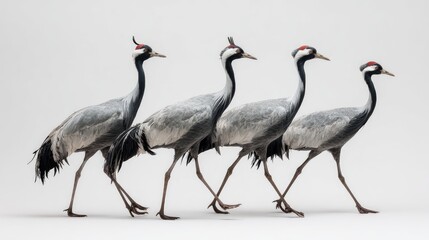 Naklejka premium Four red crowned cranes walking in line graceful long legged birds with black white plumage isolated on white background