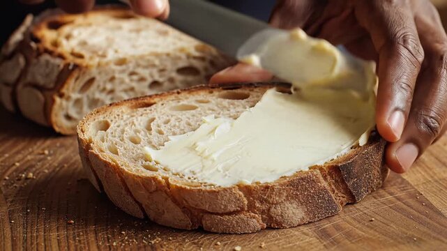 Closeup of hands spreading butter on artisanal bread slice.