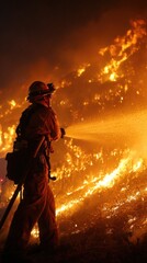 Fototapeta premium Firefighter in protective gear sprays water on flames at night, battling a wildfire with intense heat and glowing embers in the background