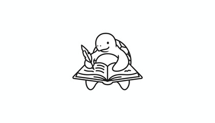 Fototapeta premium Cute cartoon turtle writing in an open book with a quill pen, black and white line art