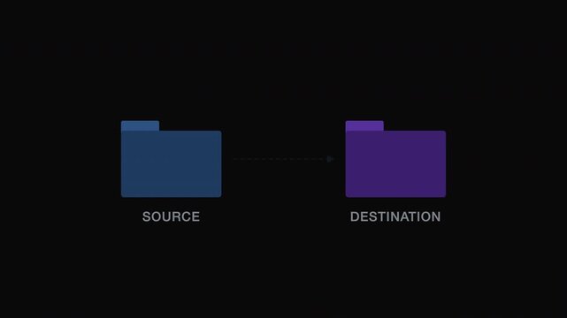 Source and destination folders depicted by colored file icons. Suitable for technology or officethemed designs needing visual organization elements.