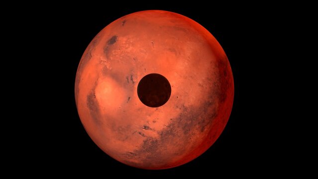  Planet mars with it moons Phobos. 3d illustration