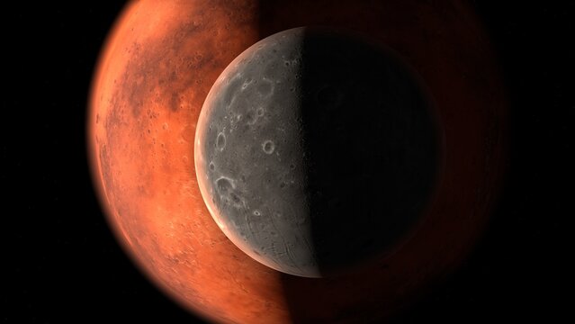  Planet mars with it moons Phobos. 3d illustration